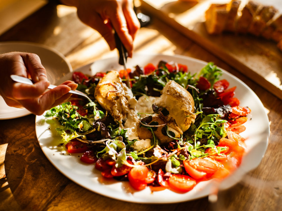 Eating Burrata Italian style lunch