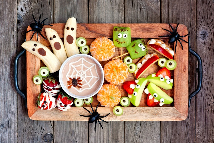Tray of healthy Halloween themed snacks