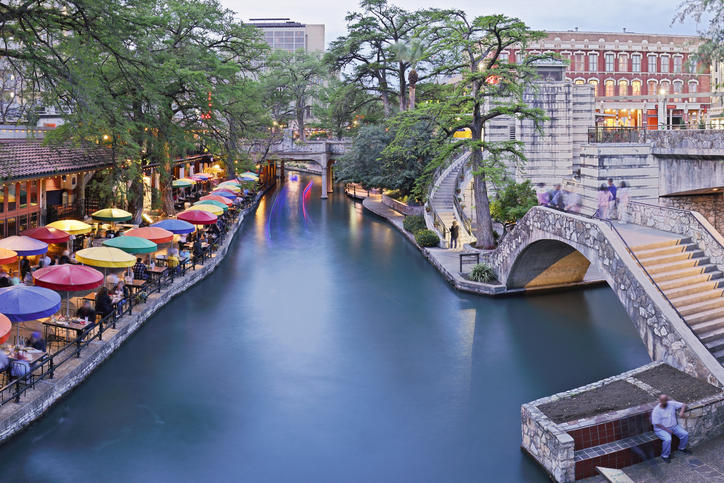 Early evening high angle view of San Antonio Riverwalk (San Antonio, Texas).