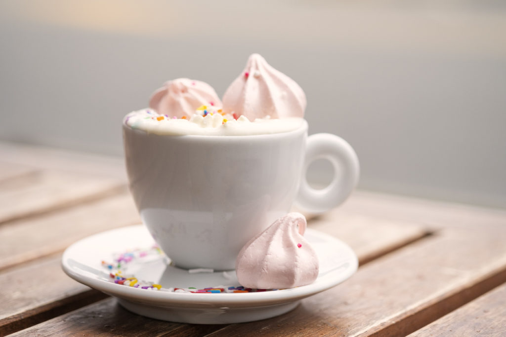 White hot chocolate drink with meringue kisses.